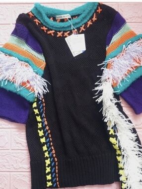 Tsumori Chisato Black Knit Sweater with Teal, Purple, Orange and White Accents